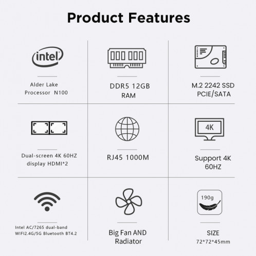 ZX01PLUS N100/DDR5 12ème AlderLake-N100 Dual 4K60Hz Mini PC de bureau et de maison, spécifications : 12 Go + 1 To/ SH98141254-09