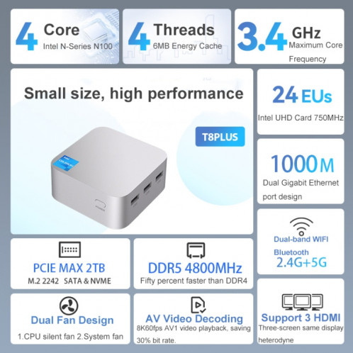 T8Plus Alder Lake-N100 4K double bande WIFI Bluetooth bureau jeu portable mini PC, spécifications: 16G 128G prise américaine SH15131132-012