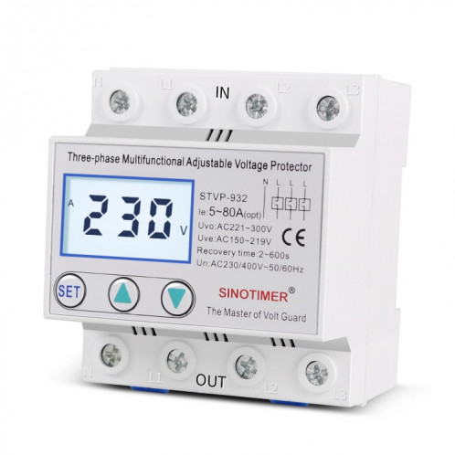 SINOTIMER STVP-932 50A 3 phases 380V LCD protecteur de surtension réglable à réinitialisation automatique SS01021373-08
