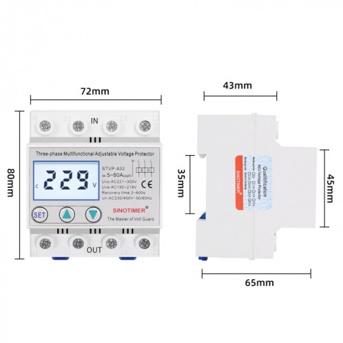 SINOTIMER STVP-932 40A 3 phases 380V LCD protecteur de surtension réglable à réinitialisation automatique SS01011858-08
