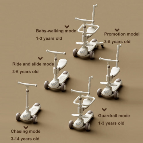XOEYU K8 Scooter pliant réglable multifonctionnel pour enfants avec musique et lumières, couleur: café 6-en-1 SX08091737-017