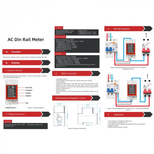 SINOTIMER SDM008 Type de Rail AC moniteur numérique multifonctionnel de tension et de courant SS6112239-06