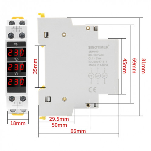 SINOTIMER SDM010 Type de Rail modulaire AC triphasé voltmètre numérique instrumentation électronique SS61631173-06