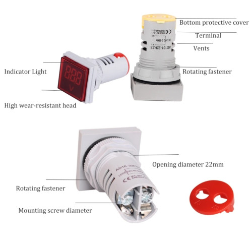 SINOTIMER ST17V Indicateur de signal de tension AC 22 mm carré LED Affichage numérique Tête de tension AC 60-500 V (01 rouge) SS201A1472-06