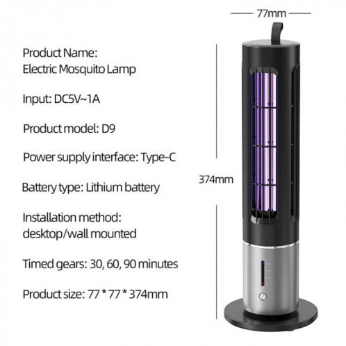 Lampe anti-moustique UV portable D9, piège à mouches muet rechargeable avec synchronisation à 3 vitesses (noir) SH801A25-016