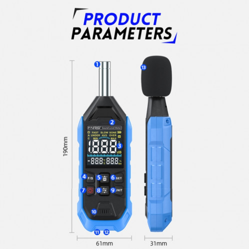 FNIRSI – détecteur de décibels de bruit, détecteur de volume domestique (bleu) SF101A664-08