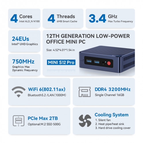 Beelink MINI S12 Pro Office Mini PC Processeur Alder Lake-N100 16 Go DDR4, 500 Go SSD Prise US SB0002907-012