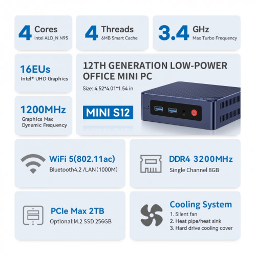 Beelink MINI S12 Mini PC Processeur Alder Lake-N95 16 Go DDR4 500 Go SSD Prise UK SB1803160-011