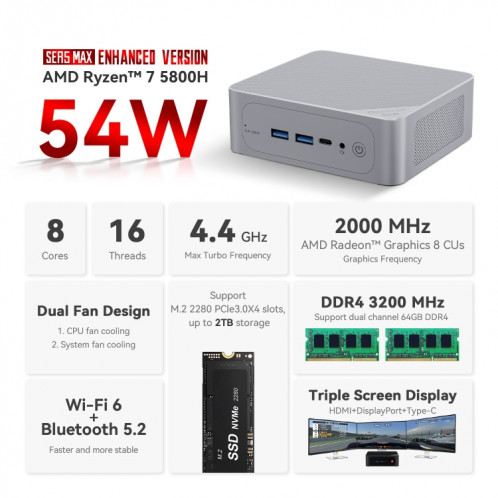Beelink SER5 MAX Mini ordinateur AMD Ryzen 7 5800H processeur 16 Go DDR4 500 Go SSD prise US SB2401820-019