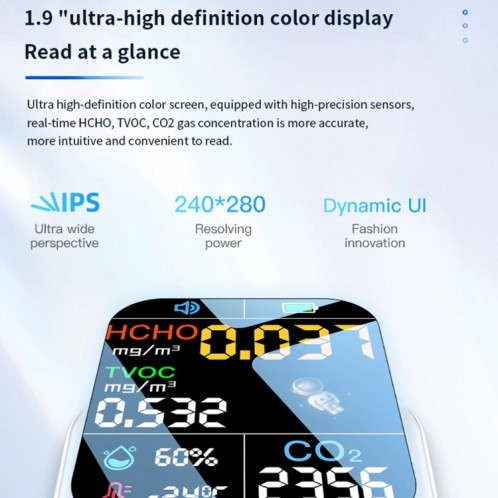 Moniteur de qualité de l'air 5 en 1, détecteur de CO2 TVOC HCHO, testeur de température et d'humidité (noir) SH701A107-013