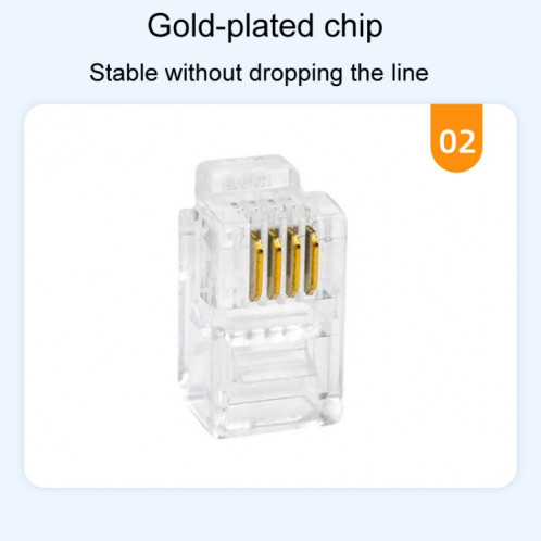 Connecteur de câble de téléphone 4P4C plaqué or à 2 broches, têtes en cristal, 4 cœurs, 1000 pièces/paquet SH6961270-05