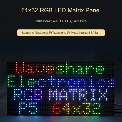 Panneau matriciel LED couleur RVB Waveshare, pas de 5 mm, 64 x 32 pixels, luminosité réglable (25848) SW501A483-010