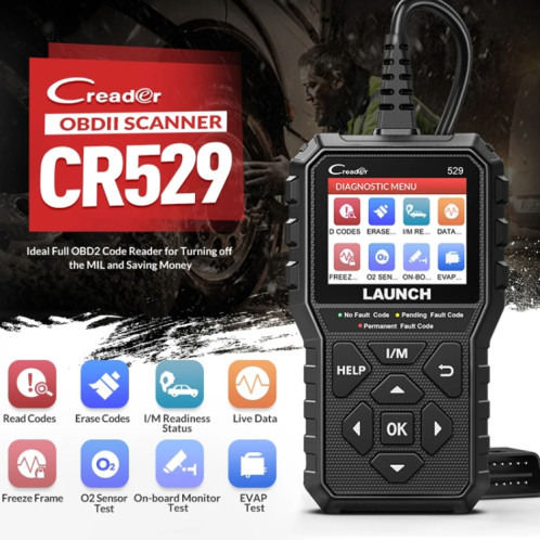 Launch Creader CR529 OBD2 Scanner de code de testeur de défaut de moteur de voiture (noir) SL201A1574-011