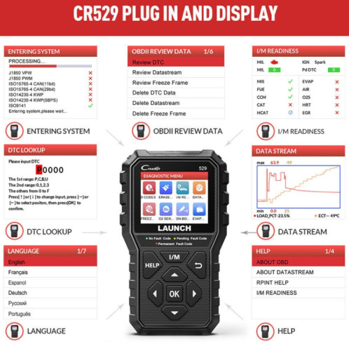 Launch Creader CR529 OBD2 Scanner de code de testeur de défaut de moteur de voiture (noir) SL201A1574-011