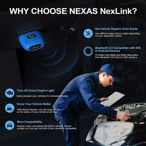 Scanner de diagnostic Nexas Bluetooth 5.0 OBD2 pour IOS/Android SN82541813-09
