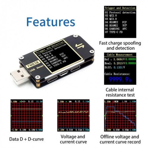 FNIRSI FNB38 Testeur de protocole de charge rapide de capacité de compteur de tension et de courant USB (noir) SF101A1720-010