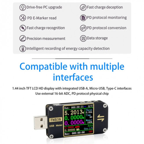 FNIRSI FNB38 Testeur de protocole de charge rapide de capacité de compteur de tension et de courant USB (noir) SF101A1720-010