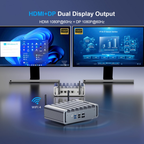HYSTOU P09B-J4125-4L 8 Go DDR4 + 128 Go SSD ordinateur industriel route douce à partir de 2,5 G multi-réseau HTPC serveur mini console (avec adaptateur américain) SH401B134-010