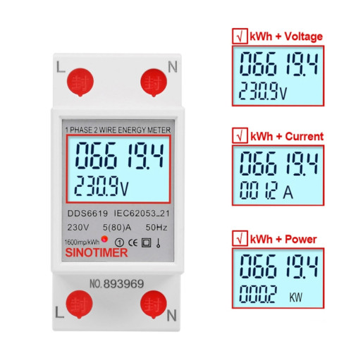 SINOTIMER DDS6619 80A 230V Din Rail monophasé compteur d'énergie tension courant compteur d'énergie avec rétro-éclairage SS58021778-06