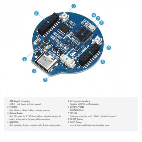 Waveshare 26369 Écran LCD rond 1,28 pouces RP2040 MCU Board sans écran tactile SW5801927-011