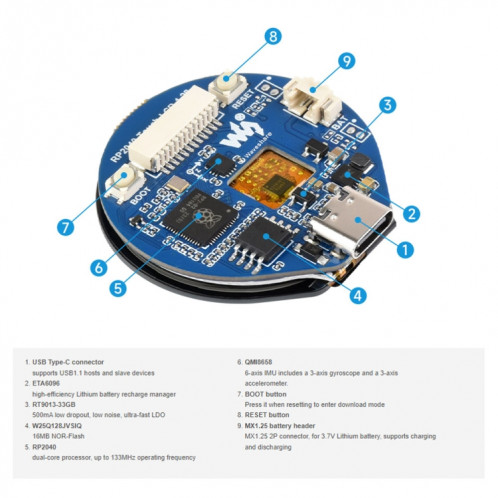 Waveshare 26369 Écran LCD rond 1,28 pouces RP2040 MCU Board avec écran tactile SW58021613-011