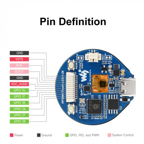 Waveshare 26369 Écran LCD rond 1,28 pouces RP2040 MCU Board avec écran tactile SW58021613-011