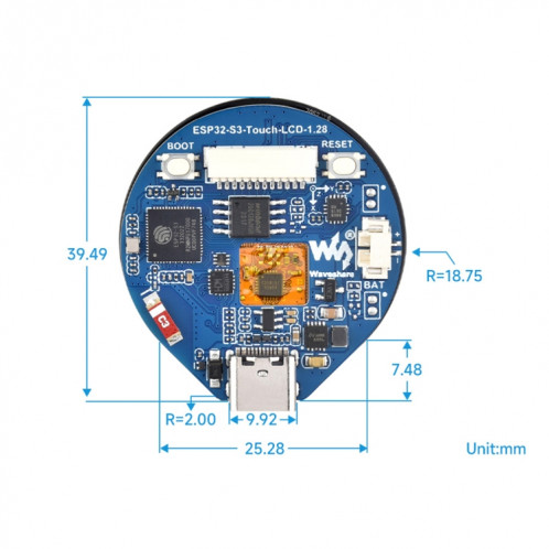 Carte de développement LCD tactile ronde Waveshare 25098 ESP32-S3 de 1,28 pouce SW13621304-08