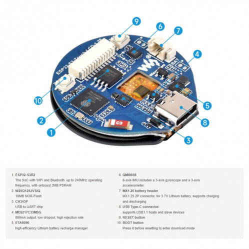Carte de développement LCD tactile ronde Waveshare 25098 ESP32-S3 de 1,28 pouce SW13621304-08