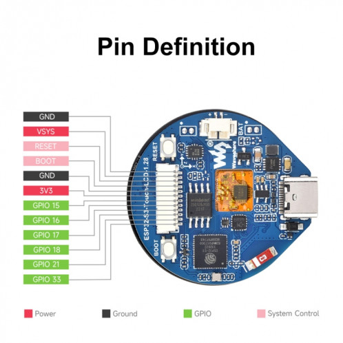 Carte de développement LCD tactile ronde Waveshare 25098 ESP32-S3 de 1,28 pouce SW13621304-08