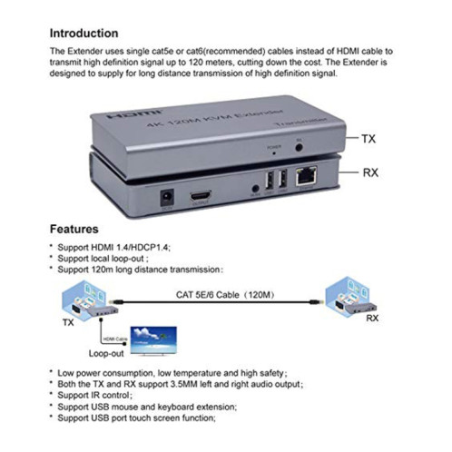 KVM 120m 4K HD Extender Souris d'ordinateur Clavier HDMI Câble Ethernet unique Émetteur + Récepteur Prise US (Gris) SH101A1062-09
