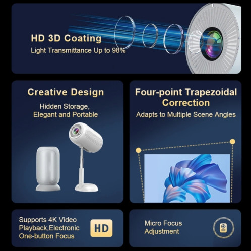 TS-6 Android 11 WiFi6 4K Mini projecteur à cardan caché Prise britannique (blanc) SH603A518-015