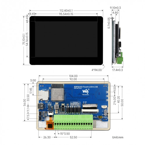 Carte de développement LCD tactile Waveshare ESP32-S3 4,3 pouces 800 × 480 sans boîtier SW6601572-012