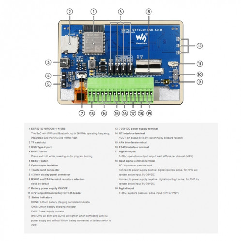 Carte de développement LCD tactile Waveshare ESP32-S3 4,3 pouces 800 × 480 sans boîtier SW6601572-012