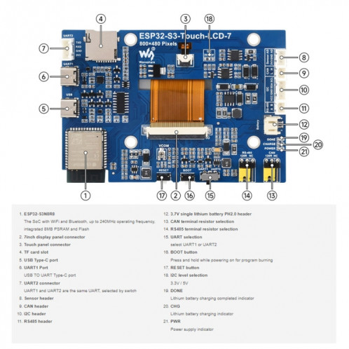 Carte de développement d'écran tactile Waveshare ESP32-S3 7 pouces 800 x 480 (27078) SW401A1389-08