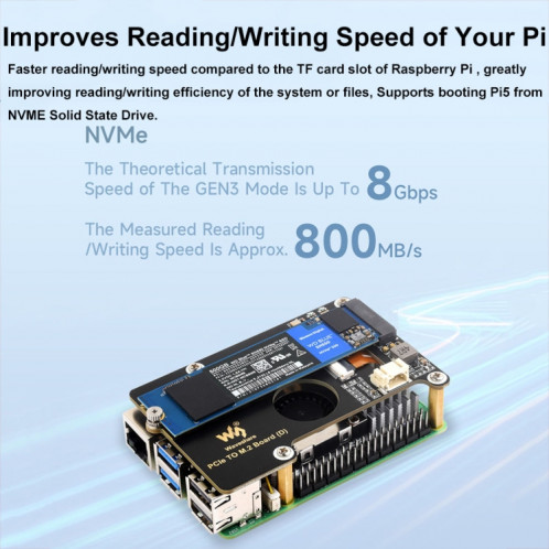 Carte adaptateur PCIe vers M.2 Waveshare pour Raspberry Pi 5 prenant en charge le protocole NVMe (27709) SW701A701-011