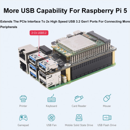 Waveshare pour Raspberry Pi 5 PCIe vers MiniPCIe / Gigabit Ethernet / USB 3.2 Gen1 HAT, spécifications : SIM7600G-H SW2502822-014