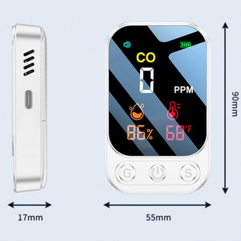 Détecteur de monoxyde de carbone portable multifonctionnel 3 en 1 (blanc) SH001B637-014