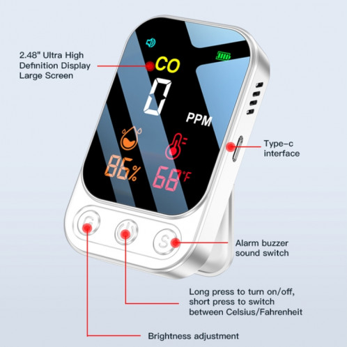 Détecteur de monoxyde de carbone portable multifonctionnel 3 en 1 (blanc) SH001B637-014