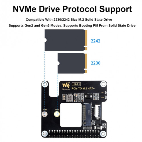 Adaptateur Waveshare pour Raspberry Pi 5 PCIe vers M.2, kit de base SSD M.2 avec protocole NVMe SW43011764-010