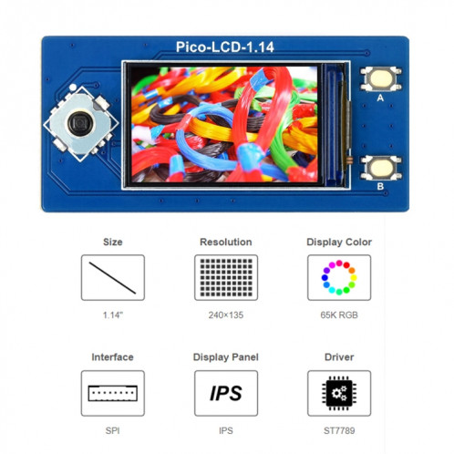 Module d'affichage LCD Waveshare 19340 pour Raspberry Pi Pico 1,14 pouces 65 000 couleurs SW41151869-08