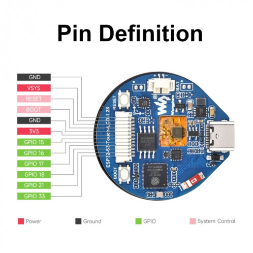 Carte de développement LCD 1,28 pouces Waveshare 26959 ESP32-S3, processeur double cœur LX7 32 bits avec écran tactile SW71011712-011