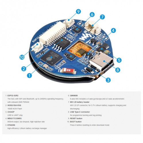 Carte de développement LCD 1,28 pouces Waveshare 26959 ESP32-S3, processeur double cœur LX7 32 bits avec écran tactile SW71011712-011
