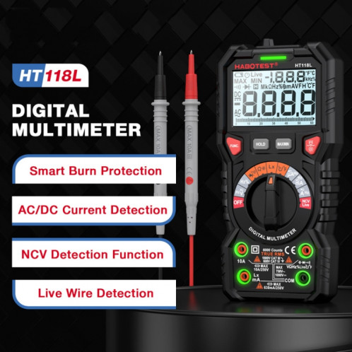 HABOTEST HT118L Mini multimètre intelligent anti-brûlure de haute précision pour électricien (noir) SH501A1607-06