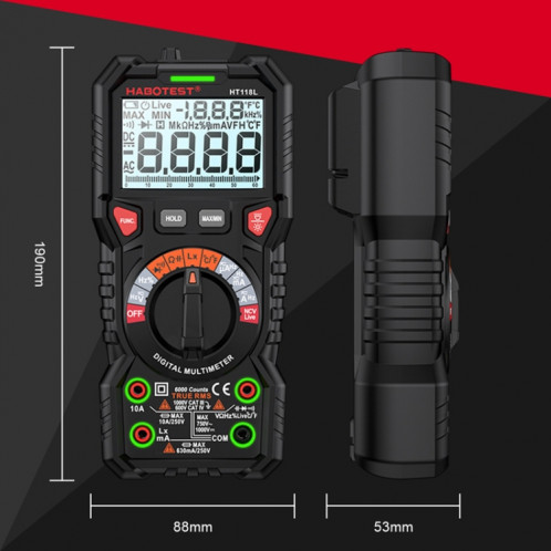 HABOTEST HT118L Mini multimètre intelligent anti-brûlure de haute précision pour électricien (noir) SH501A1607-06