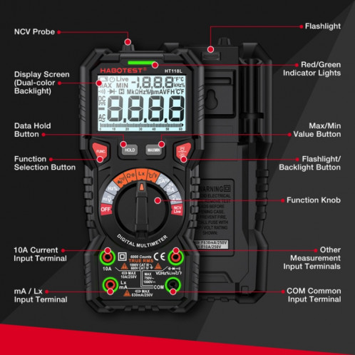 HABOTEST HT118L Mini multimètre intelligent anti-brûlure de haute précision pour électricien (noir) SH501A1607-06
