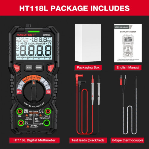 HABOTEST HT118L Mini multimètre intelligent anti-brûlure de haute précision pour électricien (noir) SH501A1607-06