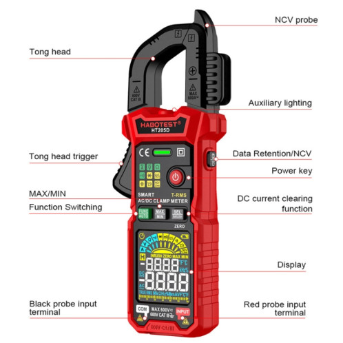 Multimètre numérique multifonction haute précision anti-brûlure à pince intelligente HABOTEST HT205D (noir rouge) SH901A1191-013