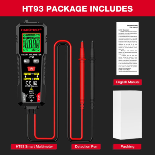 Multimètre entièrement automatique anti-brûlure intelligent à détection de séquence de phase HABOTEST HT93 (noir) SH301A364-014