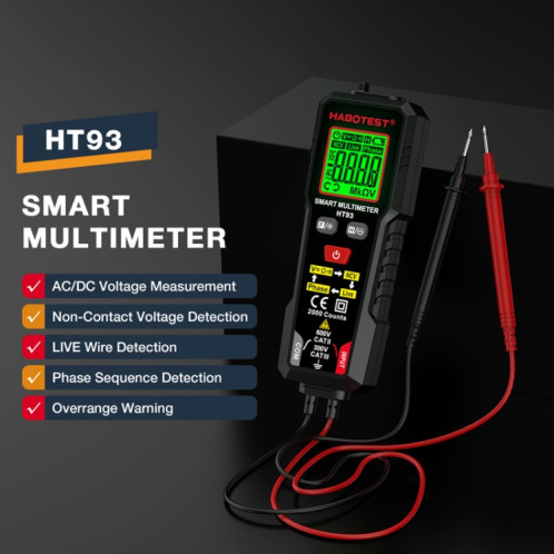 Multimètre entièrement automatique anti-brûlure intelligent à détection de séquence de phase HABOTEST HT93 (noir) SH301A364-014