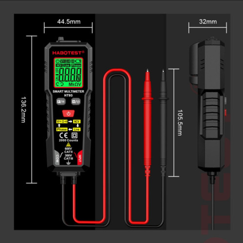 Multimètre entièrement automatique anti-brûlure intelligent à détection de séquence de phase HABOTEST HT93 (noir) SH301A364-014